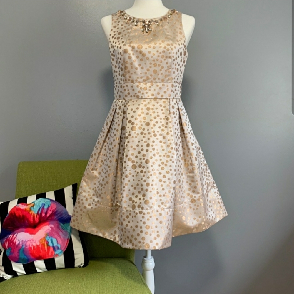 Eliza J Gold Polka Dot Fit & Flare Pleated Dress